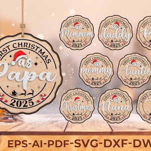 Paquete SVG de primera Navidad 2025, archivo cortado con láser para adornos familiares, adorno navideño para nuevos padres Glowforge Cricut SVG