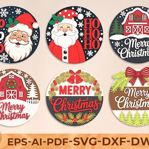 Paquete de letreros redondos de madera navideños SVG, colgadores de puerta navideños SVG, letreros de bienvenida navideños SVG, archivos Glowforge Cricut SVG