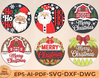 May include: Six circular Christmas designs featuring Santa Claus, barns, snowflakes, and the phrases "Ho Ho Ho" and "Merry Christmas". The designs use red, white, black, and brown. Ideal for festive decorations.