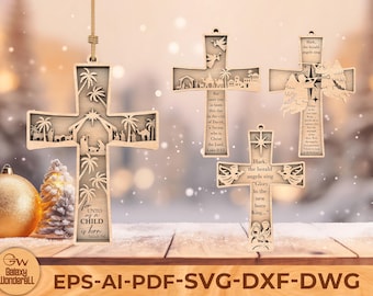 Nativity Cross SVG Ornament, Christian Christmas Laser Cut File, Religious Ornament SVG Dxf Pdf EPS Cut File