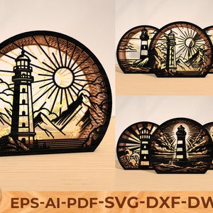 Lanterna de farol SVG, suporte para luz noturna, arquivos de corte a laser de ondas do mar, decoração de pôr do sol em 3D, tema de praia SVG, download digital
