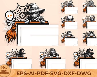ハロウィンドアコーナーSVGバンドル、ハロウィンドアトリムSVG、不気味な家、ハロウィンホームデコレーション、ハロウィンドアハンガー、Glowforgeファイル