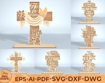 He Is Risen Wood Cross SVG, Layered Christian Easter Decor, Religious Laser Cut File for Wood Signs, Jesus And Cross Svg