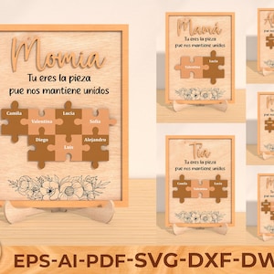 Rompecabezas personalizado SVG, Signo de corte láser del Día de la Madre Española, Nombres de familia personalizados, Regalo 'Tú eres la pieza' para Mamá, Abuela, Tía