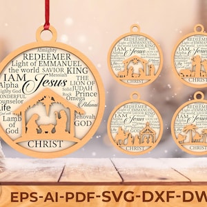 Archivo SVG de Natividad Cristiana cortado con láser, adorno con el nombre de Jesús, decoración navideña religiosa para Glowforge Cricut