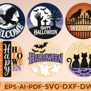 Halloween Laser Sign Bundle Svg, Round door hanger, Glowforge laser file, Cricut cut file, Fall welcome sign, Spooky svg, Digital download