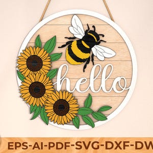 Hello Spring Round Sign SVG, Daisy Door Hanger SVG, Bee Door Hanger SVG, Glowforge Ready File, Wood Round Sign, Laser Cut File