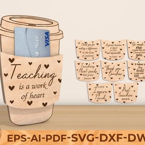 Porte-carte cadeau enseignant Svg, café cadeau porte-carte, cadeau de rentrée des classes, cadeau enseignant, fichiers Glowforge prêts à être découpés au laser Svg