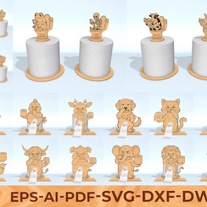Puede incluir: Soportes de papel higiénico de madera con diseños de animales. Los soportes presentan varios animales, como una rana, una vaca y una ardilla, cada uno posado en un inodoro. Los soportes son de madera de color marrón claro y sostienen un rollo de papel higiénico.