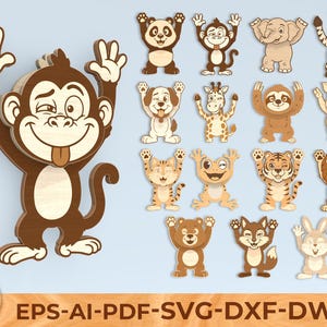 Può includere: Sagome di animali in legno in vari design, tra cui una scimmia, un panda, un elefante e una zebra. La scimmia fa l'occhiolino e tira fuori la lingua. Le sagome sono marroni e beige. L'immagine include anche il testo "EPS-AI-PDF-SVG-DXF-DWG".