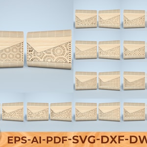 May include: A collection of wooden envelope-style boxes with intricate laser-cut designs. The boxes feature a light wood finish and a contrasting flap. The image includes various patterns, showcasing the versatility of the design. The bottom of the image includes the text "EPS-AI-PDF-SVG-DXF-DWG".