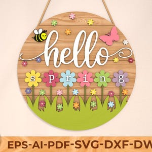 Hello Spring Daisy Sign, Round door hanger svg, Spring welcome sign, Glowforge laser cut file, Cricut, Spring flower,Digital download