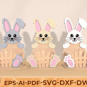 Decorazione pasquale tagliata al laser, file di taglio laser del cestino di Pasqua in formato SVG, design del coniglietto Glowforge
