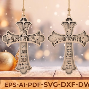 Christmas Cross Ornament SVG, Religious Laser Cut File for Holiday Home Decor, Layered Christian Hanging Decoration for Glowforge