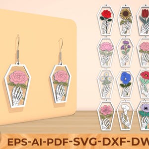 Skeleton Floral Earrings SVG, Coffin Shape Halloween Earrings Laser Cut Files , Hand Holding Flower Dangle Earrings , Cricut Glowforge File