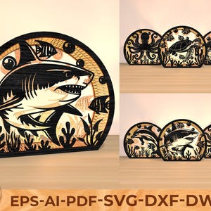 Ocean Lantern SVG Set, Shark Sea Turtle Octopus Light Box, 3mm Wood Laser Cut Files, Underwater DXF PDF Template for Glowforge file