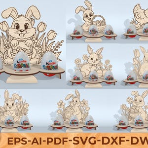 May include: Wooden Easter egg holders with laser-cut bunny and floral designs. Each holder features three Kinder Surprise eggs. The image includes various bunny and chick designs, perfect for Easter decorations. The bottom of the image includes the text "EPS-AI-PDF-SVG-DXF-DWG".