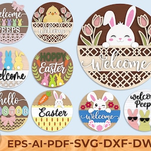 Påskvälkomstskylt rund SVG-paket, Bunny & Peeps dörrhängare, lager av trä påskdekor laserskurna filer, peeps påsk svg