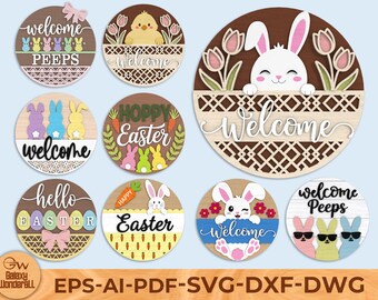Easter Welcome Round Sign SVG Bundle, Bunny & Peeps Door Hanger, Layered Wood Easter Decor Laser Cut Files, peeps easter svg