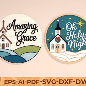 Christmas Church Door Sign SVG Bundle , Amazing Grace & Oh Holy Night Laser Cut Files, Religious Christmas Round Sign for Glowforge Cricut