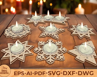 Christmas Candle Holder SVG, Wooden Tea Light Star Snowflake Laser Cut File, christmas candle cut file,tea light , Holiday Decor Glowforge