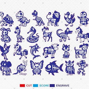 May include: A collection of blue animal skeleton designs, including a turtle, dinosaur, lion, and owl. The designs are for cutting, scoring, and engraving. The image features a variety of creatures, from a rabbit to a fish.