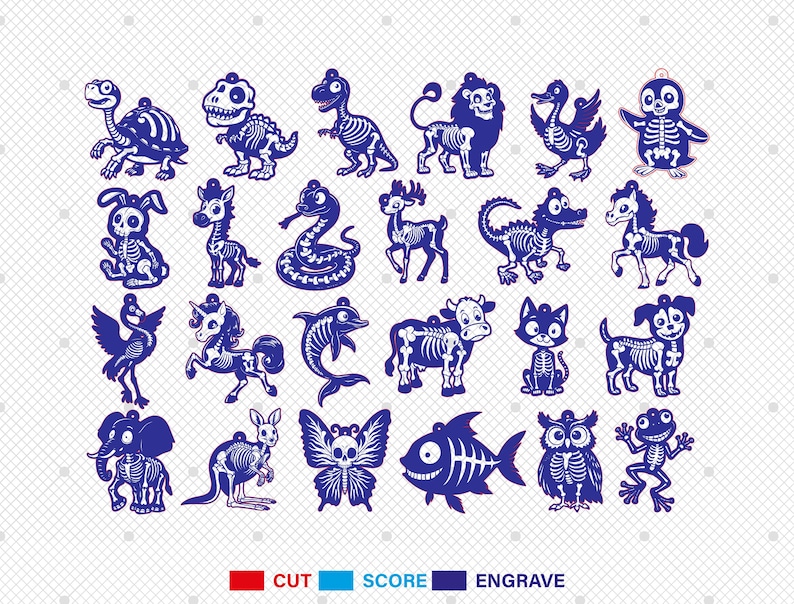 May include: A collection of blue animal skeleton designs, including a turtle, dinosaur, lion, and owl. The designs are for cutting, scoring, and engraving. The image features a variety of creatures, from a rabbit to a fish.