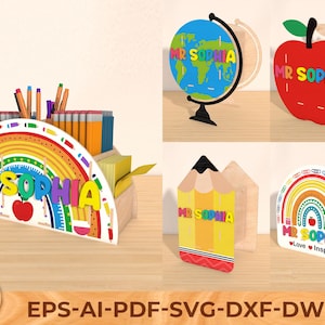 Portapenne Apple personalizzato per insegnanti in formato svg, portapenne arcobaleno per insegnanti, portaoggetti per scrivania, cartello scolastico in formato svg, file di taglio Glowforge