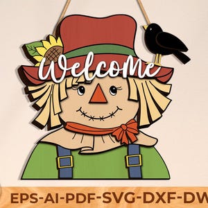 Scarecrow Welcome Sign SVG, Fall Decor Laser Cut File, Thanksgiving Door Hanger, Glowforge, CNC, Cricut, Autumn Farmhouse