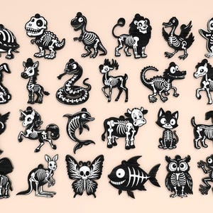 May include: A collection of black and white animal skeleton ornaments, including a turtle, dinosaurs, lion, duck, penguin, rabbit, zebra, snake, deer, crocodile, horse, dolphin, cow, cat, dog, elephant, kangaroo, butterfly, fish, owl, and frog.