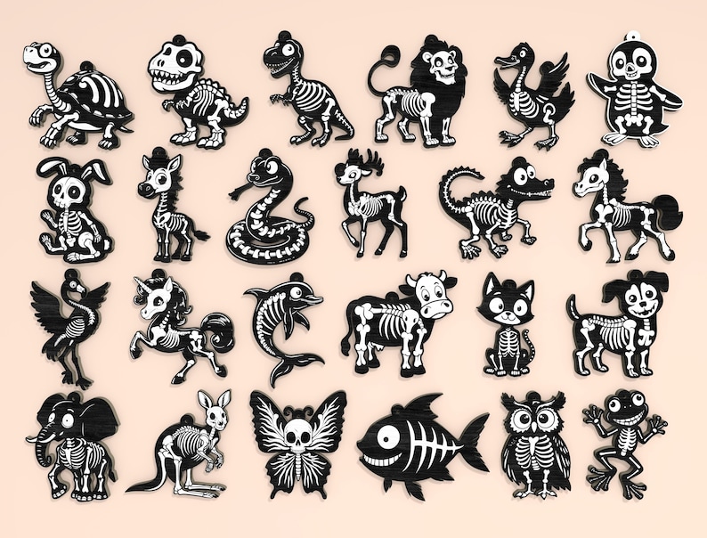 May include: A collection of black and white animal skeleton ornaments, including a turtle, dinosaurs, lion, duck, penguin, rabbit, zebra, snake, deer, crocodile, horse, dolphin, cow, cat, dog, elephant, kangaroo, butterfly, fish, owl, and frog.