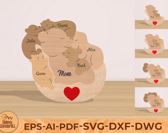 Wooden Bear Family Puzzle SVG Laser Cut File, Bear Family Custom Svg, Happy Mother’s Day, bear family puzzle, Glowforge Laser Cut