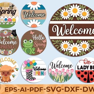 Spring Round Sign SVG Bundle, Welcome Door Hanger Laser Cut Files, Hello Spring Floral Sign SVG, DIY Layered Round Decor, Glowforge Svg