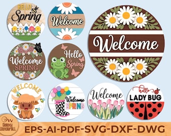 Spring Round Sign SVG Bundle, Welcome Door Hanger Laser Cut Files, Hello Spring Floral Sign SVG, DIY Layered Round Decor, Glowforge Svg