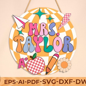 Personalized Retro Classroom svg,Round door hanger svg,Teacher gift, School svg, groovy retro svg, Glowforge laser file,Digital download svg