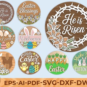 Easter Round Sign SVG Bundle, He Is Risen Door Hanger, Bunny Welcome Easter Decor, bunny easter svg, christian easter, Laser Cut Files image 1