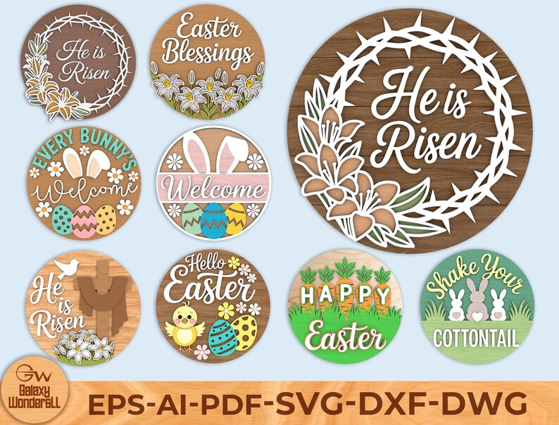 Easter Round Sign SVG Bundle, He Is Risen Door Hanger, Bunny Welcome Easter Decor, bunny easter svg, christian easter, Laser Cut Files image 1
