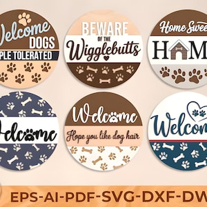 Dog Laser Sign Bundle Svg, Round door hanger, Glowforge laser file, Cricut cut file, Front door welcome sign, Paw prints, Digital download image 1