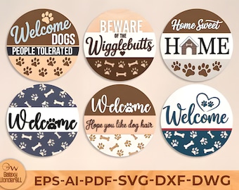Hund laserskylt bunt Svg, rund dörrhängare, Glowforge laserfil, Cricut cut-fil, välkomstskylt för ytterdörren, tassavtryck, digital nedladdning