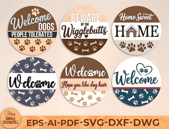 Dog Laser Sign Bundle Svg, Round door hanger, Glowforge laser file, Cricut cut file, Front door welcome sign, Paw prints, Digital download