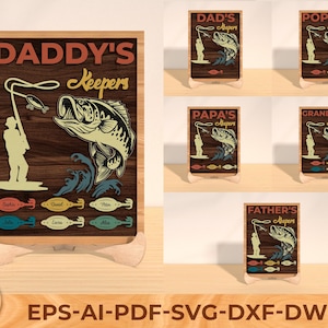 Archivo SVG cortado con láser para el Día del Padre con diseño de pesca, letrero de pesca con nombres de niños, decoración de pared digital personalizada para abuelos y papás.