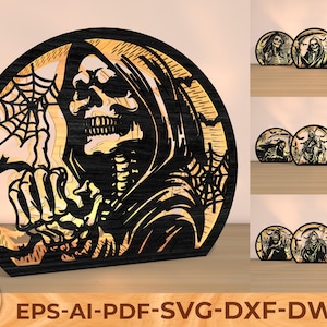Op de afbeelding: Een houten Halloween-decoratie met een ontwerp van de Grim Reaper. Het kunstwerk is lasergesneden met een zwarte buitenkant en een lichtgekleurde binnenkant, met een skelet, spinnenwebben en vleermuizen. Het ontwerp heeft een halfronde vorm. De tekst "EPS-AI-PDF-SVG-DXF-DWG" staat onderaan.