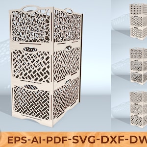 May include: A light-colored wooden storage unit with three stacked sections, each featuring a unique geometric cutout design. The unit has handles at the top and the text "EPS-AI-PDF-SVG-DXF-DWG" is visible.