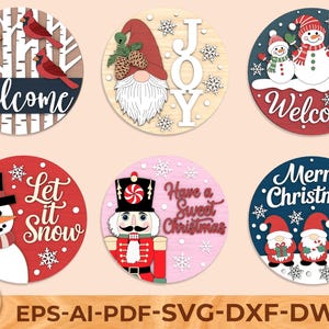 Pakiet świątecznych zawieszek na drzwi SVG: wycinany laserowo napis „Wesołych Świąt” (plik cyfrowy)