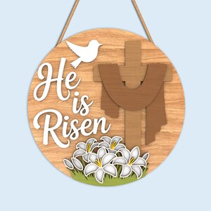 Easter Round Sign SVG Bundle, He Is Risen Door Hanger, Bunny Welcome Easter Decor, bunny easter svg, christian easter, Laser Cut Files image 3