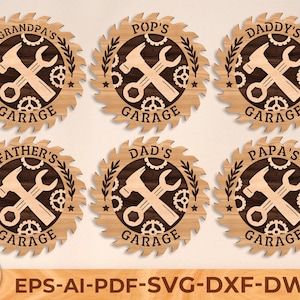 May include: Six wooden saw blade-shaped signs with different titles for a garage. The titles are "Grandpa's Garage", "Pop's Garage", "Daddy's Garage", "Father's Garage", "Dad's Garage", and "Papa's Garage". Each sign features a wrench and hammer crossed over each other.