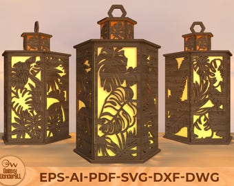 Tropical Leaf Lantern SVG, 3mm Wood Laser Cut File, Monstera Palm Lantern Template, Summer Home Decor DXF PDF