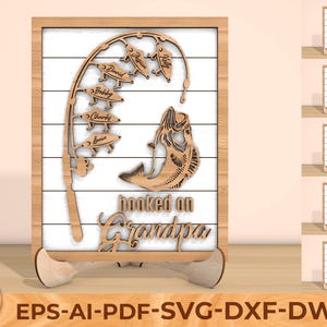 Arquivo SVG cortado a laser "Viciado no vovô", placa de pesca para o dia dos pais com nomes de crianças, decoração de parede digital personalizada para vovô, pai e papai