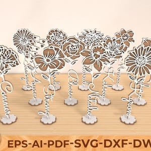 Mese di nascita in piedi con taglio laser SVG, fiore con supporto con taglio laser SVG, regalo per la festa della mamma, fiori personalizzabili SVG