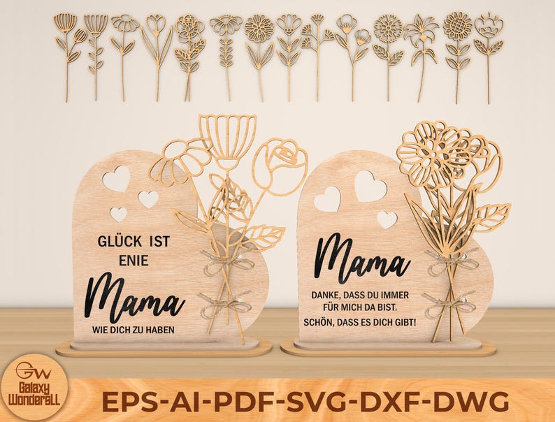 May include: Two wooden signs with floral designs and the text "Gl&uuml;ck ist enie Mama Wie dich zu haben" and "Mama Danke, dass du immer f&uuml;r mich da bist. Sch&ouml;n, dass es dich gibt!"